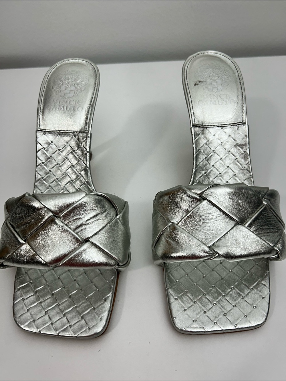Vince Camuto Brelaune Silver Leather Braided Stiletto Slide Mules Size 9